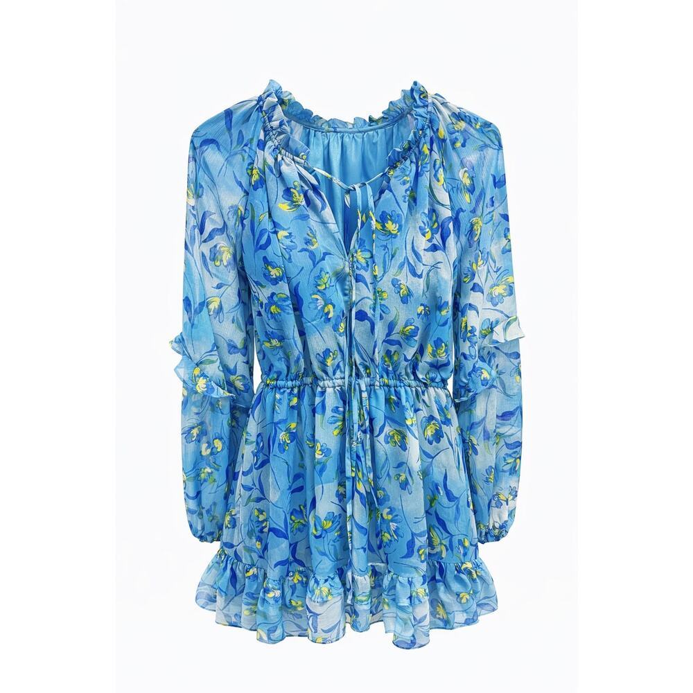 Blue and Yello Flowy Light Weight Summer Dress Sheer Sleeves XL